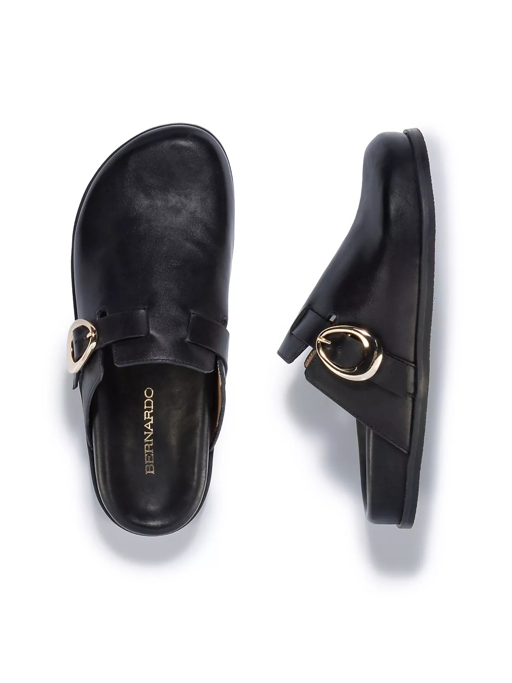 Bernardo Easton Black Leather Mule with Gold Buckle Detail